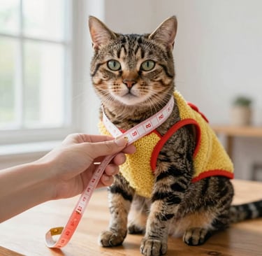 Un gato atigrado con un suéter amarillo al que le están midiendo con una cinta métrica para determin