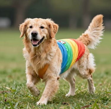  Un perro Golden Retriever feliz corre en un parque luciendo un chaleco para mascotas a rayas de col