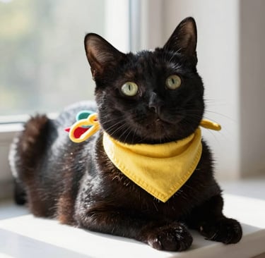 Un gato negro con un pañuelo amarillo está sentado en el alféizar de una ventana luminosa, bañada