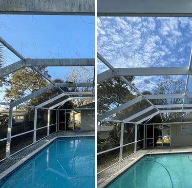 Before and after pool cage cleaning in Land O Lakes FL — screens cleared of algae and buildup