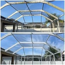 Screen enclosure before and after cleaning Land O Lakes FL — bright clear screens restored