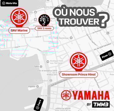 Map of Yamaha Tahiti locations showing the Prince Hinoï showroom and SAV service centers in Papeete.