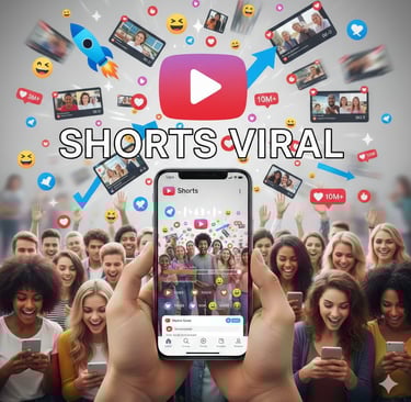 As mãos seguram um smartphone exibindo um vídeo Shorts viral na tela, rodeado por uma multidã