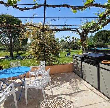 Sur la terrasse un cuisine d'été avec sur les meuble un évier et une plancha.