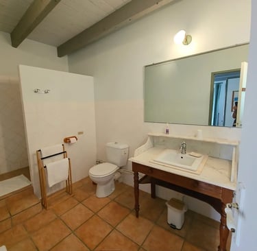 Salle d'eau chambre sauge avec douche à litalienne, toilette et coiffeuse meuble de salle de bain.