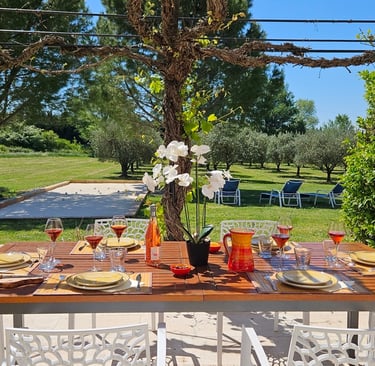 sur la terrasse la table est dressée, une orchidée,, verres de vin remplis de rosé et vue sur jardin