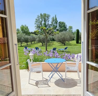 Vue sur le jardin depuis le salon avec les iris en fleur et les transats pour se reposer.