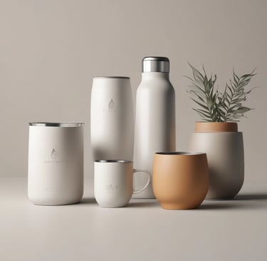 A collection of colourful branded drinkware displayed on a minimalist shelf with logo accents.