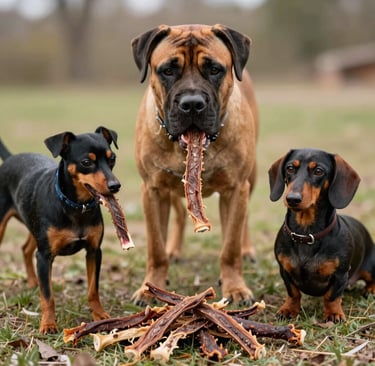 diferentes perros difrutando de traques de res 100% naturales