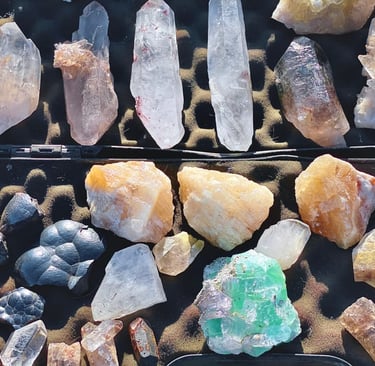 Una colección de cristales y minerales en bruto que incluye puntas de cuarzo transparente.