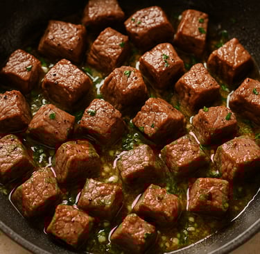 Garlic butter steak bites in pan