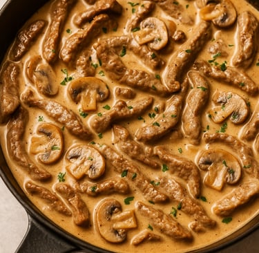 Creamy beef stroganoff in pan