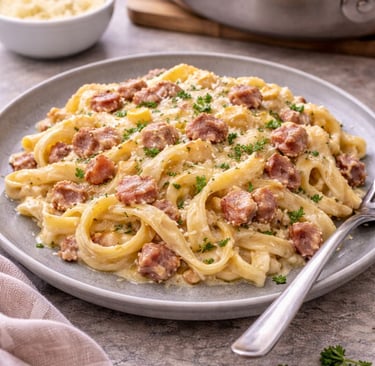 creamy bacon pasta in pan