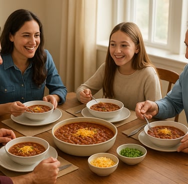 Family enjoying bowls of homemade chili at the dinner table, a comforting budget-friendly family mea