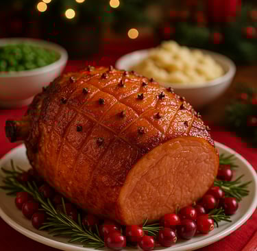 Juicy glazed Christmas ham with cloves on a festive table, perfect for family Christmas dinner