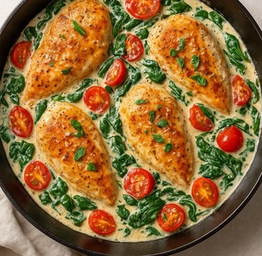 Creamy Tuscan chicken cooked in one pan with sun-dried tomatoes and spinach