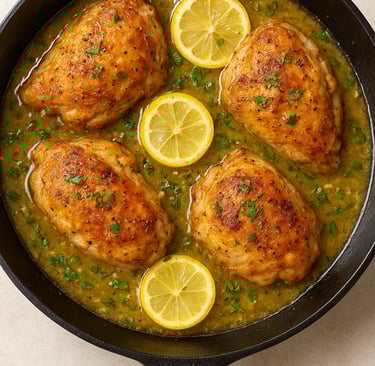 One-pan lemon garlic chicken cooked in a skillet, a quick family-friendly weeknight dinner