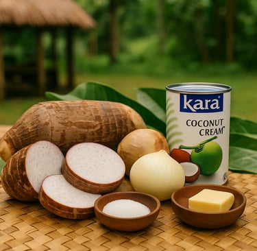 “Ingredients for Samoan fa’alifu talo including taro, coconut cream, and onion.”