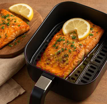 Flaky garlic butter salmon cooked in the air fryer and served with lemon slices.