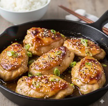 “Honey soy chicken cooked in a pan with a glossy sauce, garnished with sesame seeds and spring onion