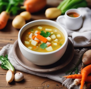 Warm bowls of homemade vegetable soup served at the table, a comforting meal for sharing and fellows