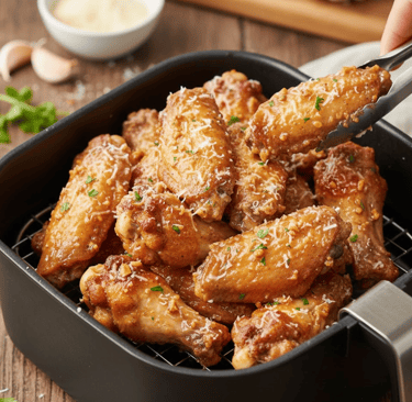 Crispy garlic parmesan chicken wings cooked in an air fryer and served for game day