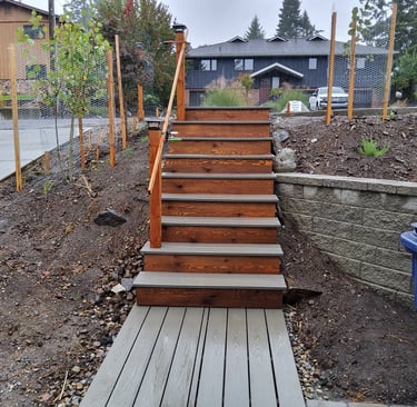 Land-shaping, ,stairs, railing, retaining wall, planting rees, and ground cover.