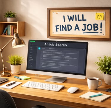 desk with computer with a sign: I will find a job.