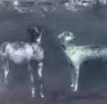 Dogs in warzone oil painting by Lina Mikuzyte
