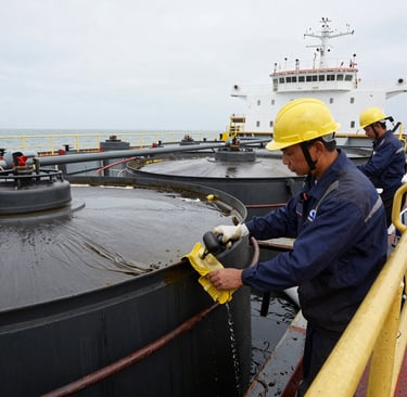 Close-up of a ship's hull being carefully coated with marine paint, showing the texture and precision of the work.
