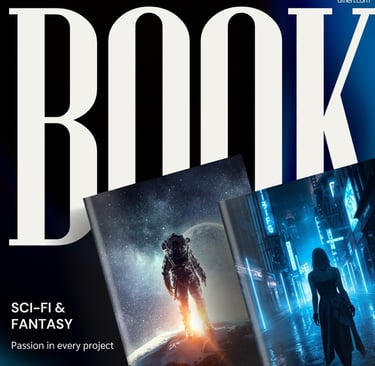 The image shows the word BOOK and two covers with Sci-Fi scenes