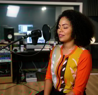 A female vocalist with curly hair singing into a condenser microphone in a professional recording studio.