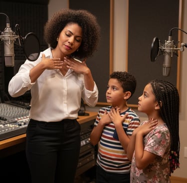 A vocal coach teaching two children singing techniques in a professional recording studio.
