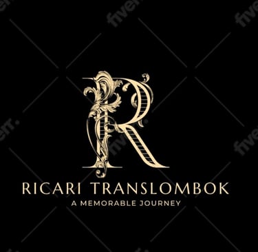 Elegant gold Ricari Translombok luxury travel logo featuring an ornate serif letter R on a black background.