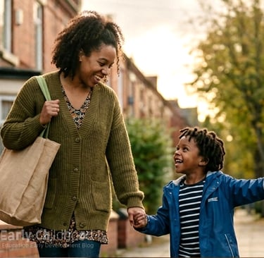 Mother and son walk together in smiling 