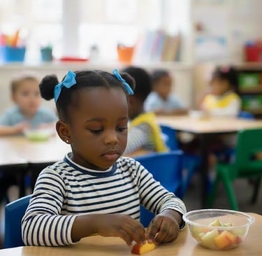 Girl with selective mutism sits in a preschool at snack time.