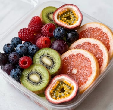 A wicker fruit basket on a wooden table containing a bunch of bananas, two red apples, and two yellow pears.