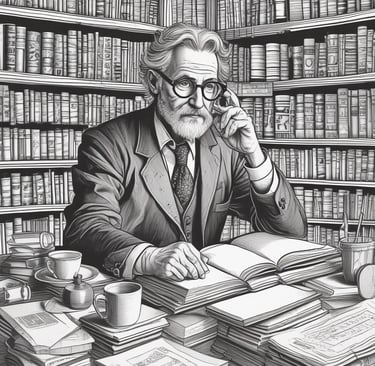 A thoughtful author at a desk surrounded by books and papers, writing notes.