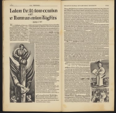 Close-up of an open book with highlighted passages on international law.