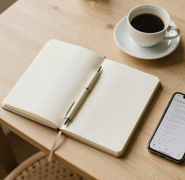 Carnet ouvert et stylo posés sur un bureau en bois clair, téléphone affichant un formulaire RSVP