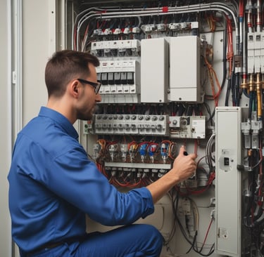 Electrician working on industrial electrical panel with tools.