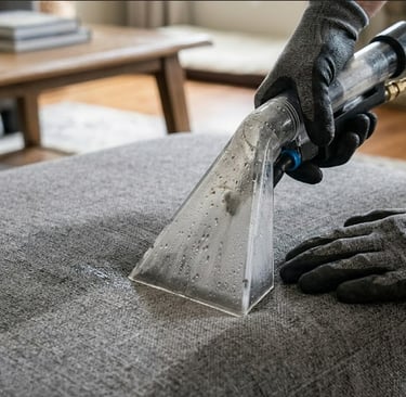 Professional upholstery cleaner using a steam vacuum tool to deep clean a grey fabric ottoman.