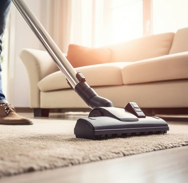 A person using a vacuum cleaner to deep clean a plush beige rug in a sunlit living room.