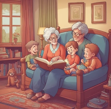 A child smiling while reading a storybook under a soft nightlight