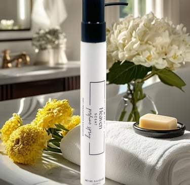 Heaven Scent perfume spray bottle on a marble bathroom vanity with fresh flowers and soap.