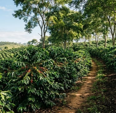 Plantação de café em colinas montanhosas sob céu azul.