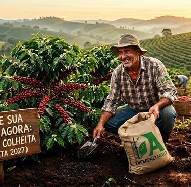 Cafeicultor na lavoura com placa de preparo e sacas da Diferenciagro.
