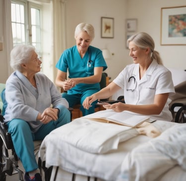 A warm caregiver gently holding the hand of an elderly client in a cozy living room.
