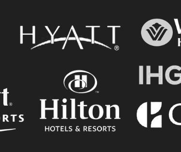 Logos for major hotel chains including Marriott, Hilton, Hyatt, Wyndham, Sonesta, IHG, and Choice Hotels.