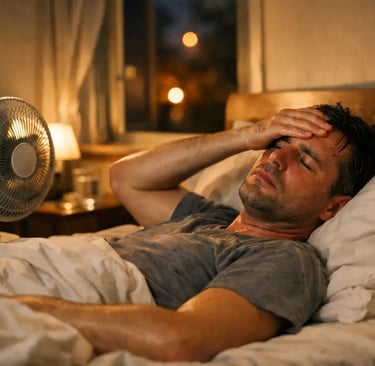 Sweating man lying in bed with a portable electric fan during a summer heatwave.